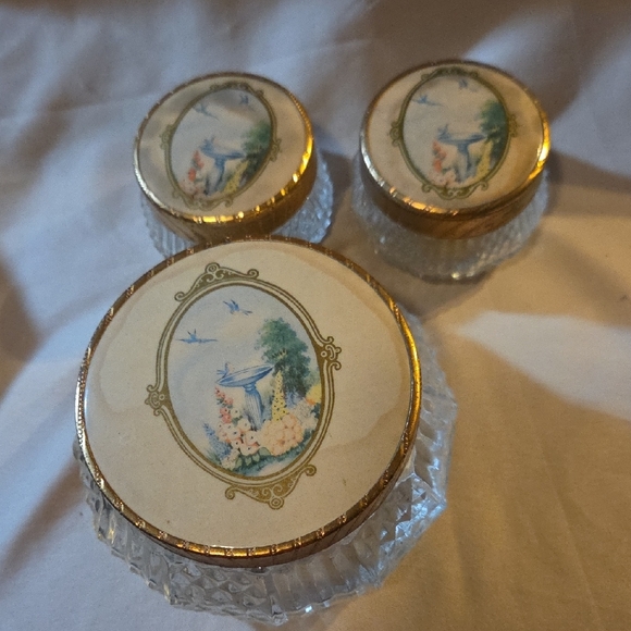 Dresser Powder And Cream Jar Set Gold  Vanity  Set. Vintage - Picture 2 of 7